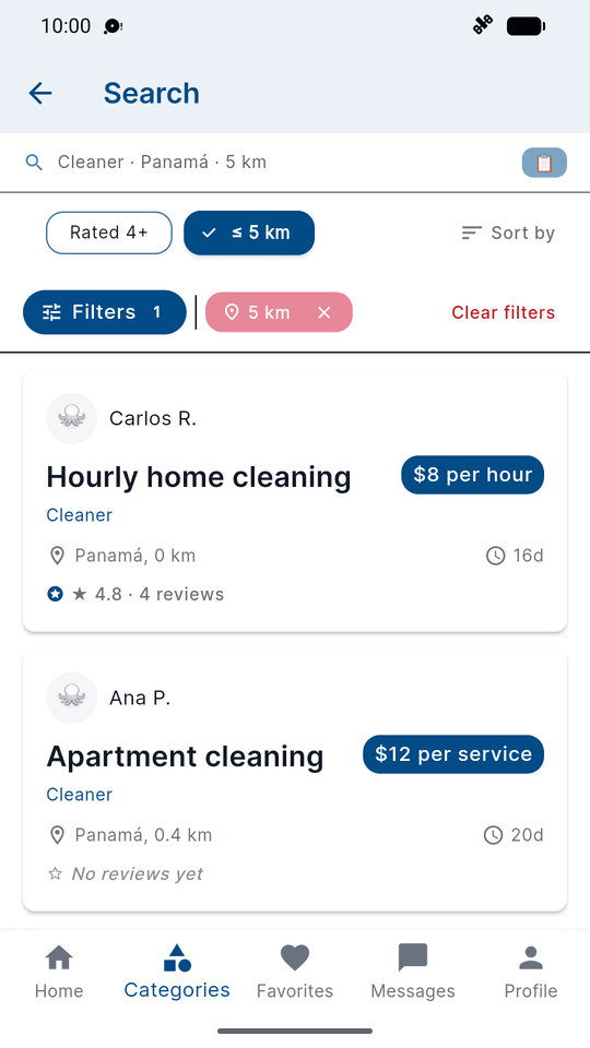 Resultados de busca de profissionais com preço, avaliação e distância.