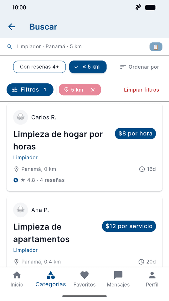 Resultados de búsqueda de profesionales con precio, valoración y distancia.