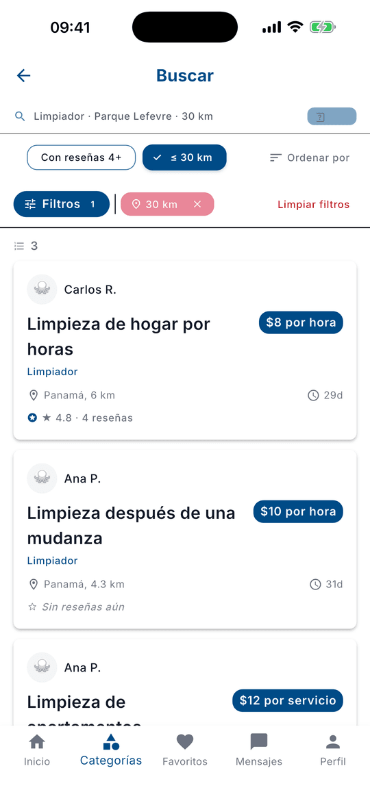 Resultados de búsqueda de profesionales con precio, valoración y distancia.