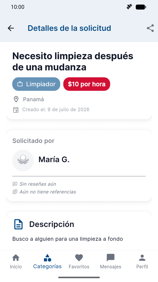 Detalle de una solicitud de limpieza después de una mudanza con presupuesto, ubicación, solicitante y descripción.