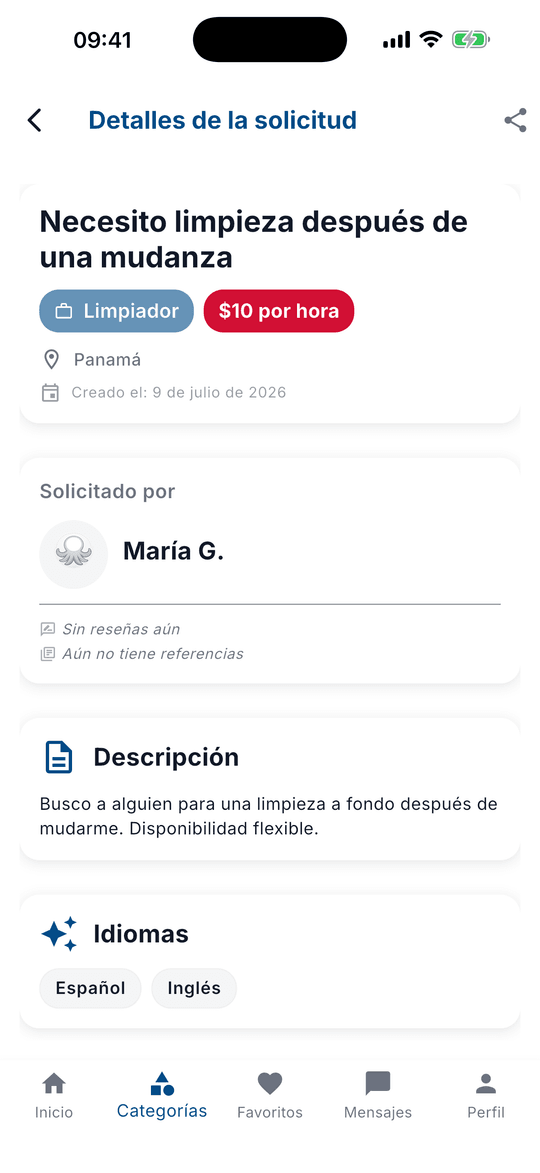 Detalle de una solicitud de limpieza después de una mudanza con presupuesto, ubicación, solicitante y descripción.