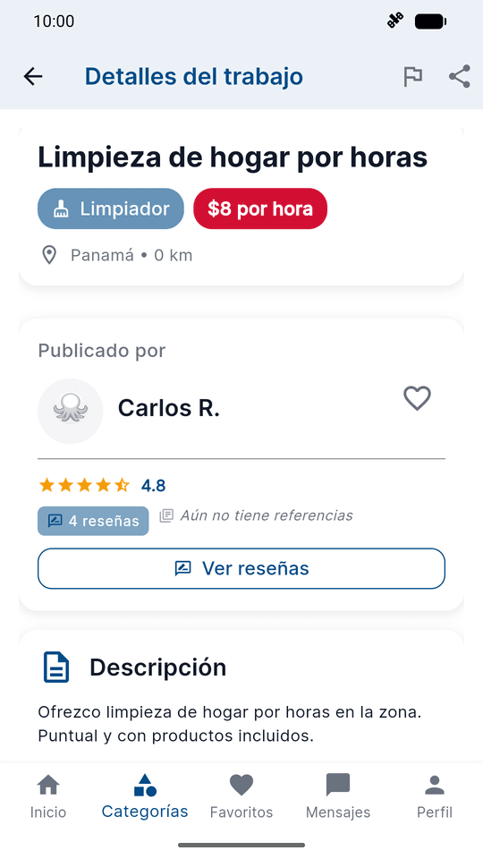 Detalle de una oferta de limpieza por horas con precio, ubicación, valoración del profesional y descripción.