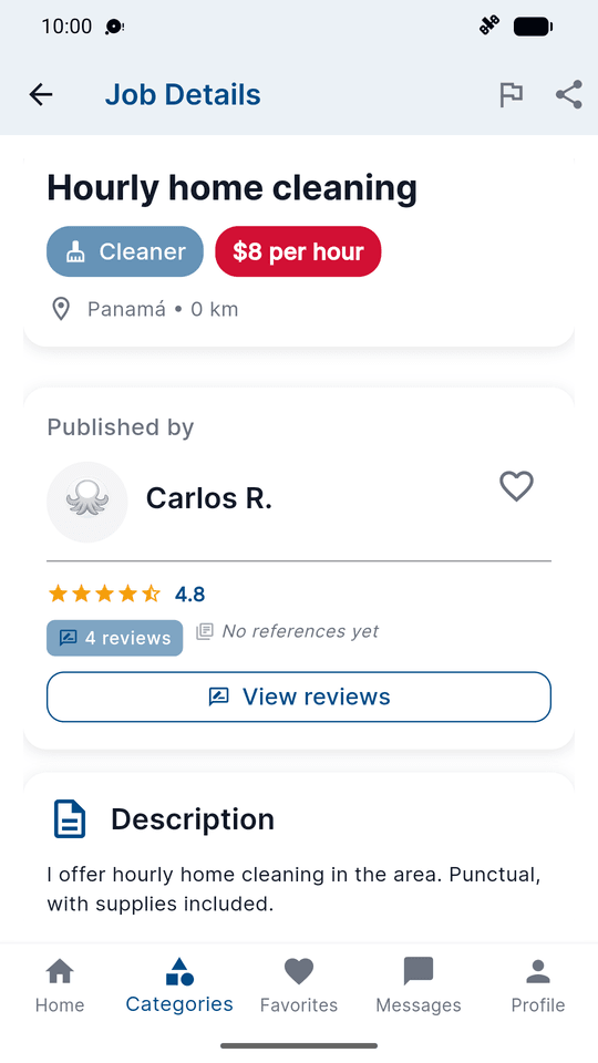 Detalhes de uma oferta de serviços de limpeza por hora com preço, localização, avaliação do profissional e descrição.