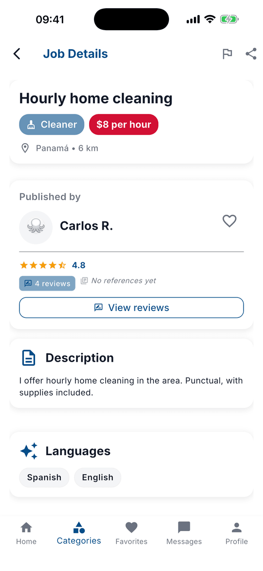 Detalhes de uma oferta de serviços de limpeza por hora com preço, localização, avaliação do profissional e descrição.