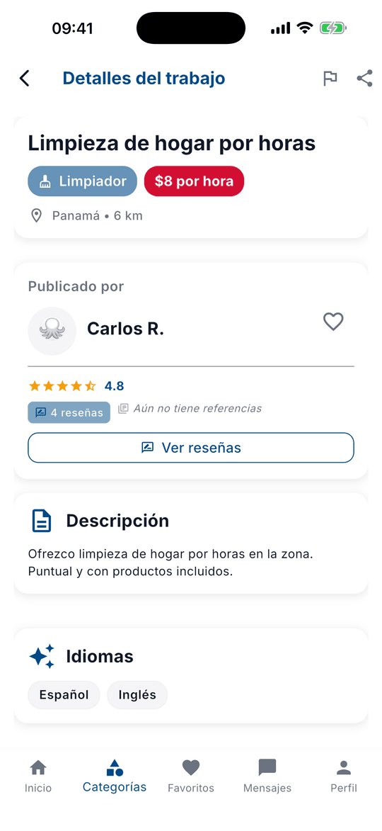 Detalle de una oferta de limpieza por horas con precio, ubicación, valoración del profesional y descripción.