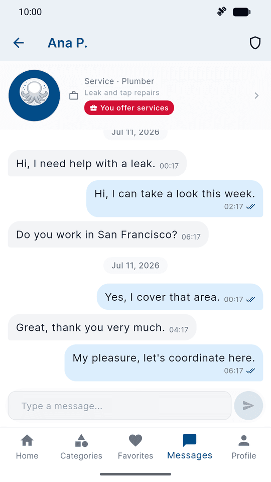 Conversa no SolvTako para combinar os detalhes de um serviço.