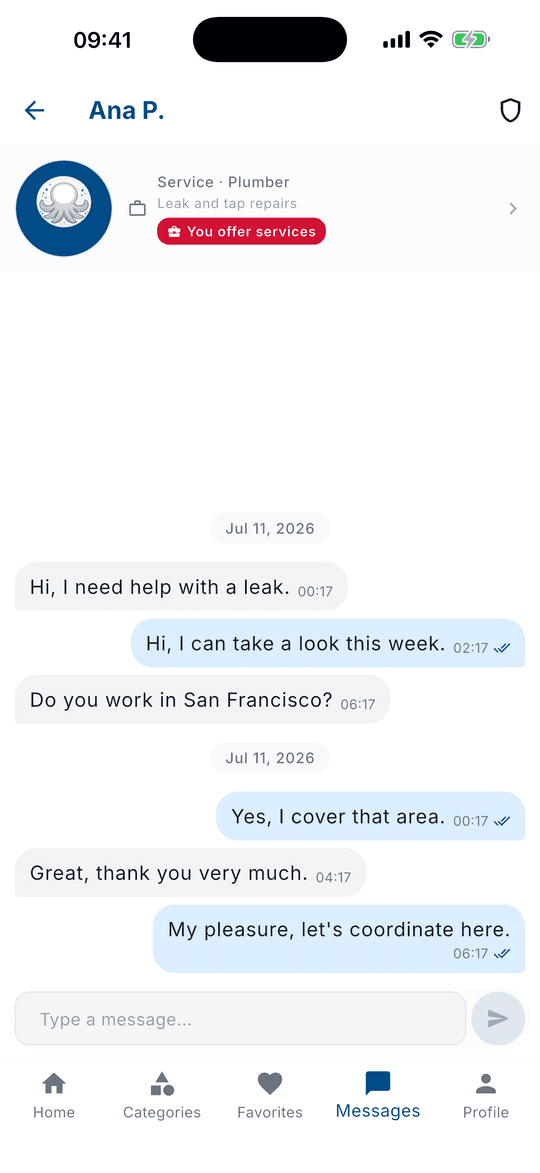 Conversa no SolvTako para combinar os detalhes de um serviço.
