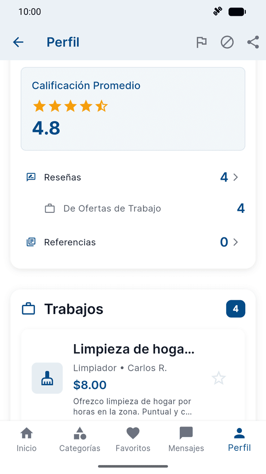 Perfil de un profesional en SolvTako con valoración promedio, número de reseñas, referencias y trabajos publicados.