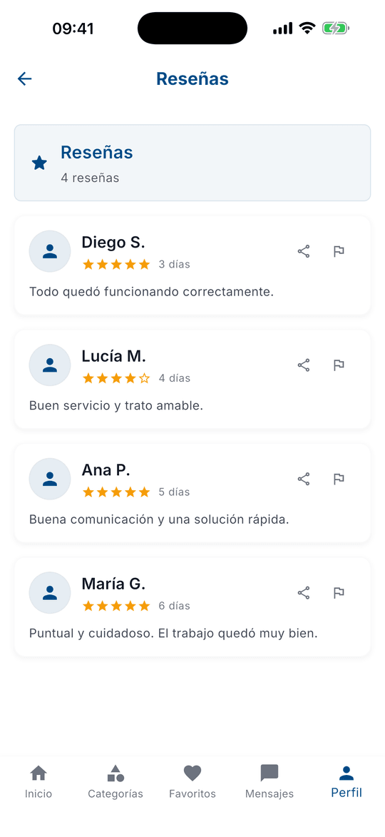 Perfil de un profesional en SolvTako con valoración promedio, número de reseñas, referencias y trabajos publicados.